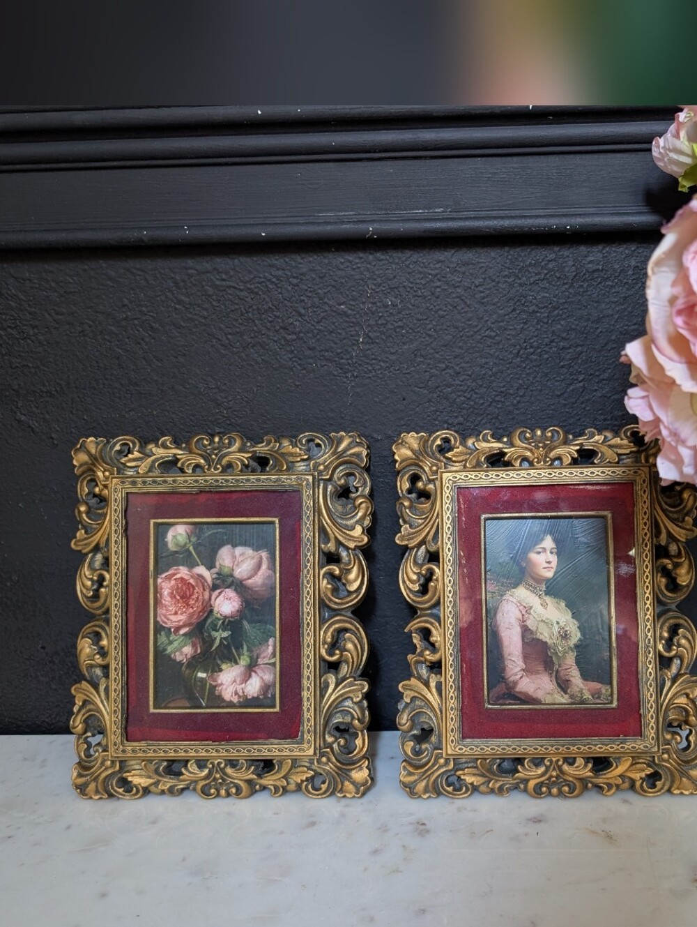 Vintage, set of 2, Rococo/Victorian Style Gold Ornate Frames w/ Vtg Style Prints